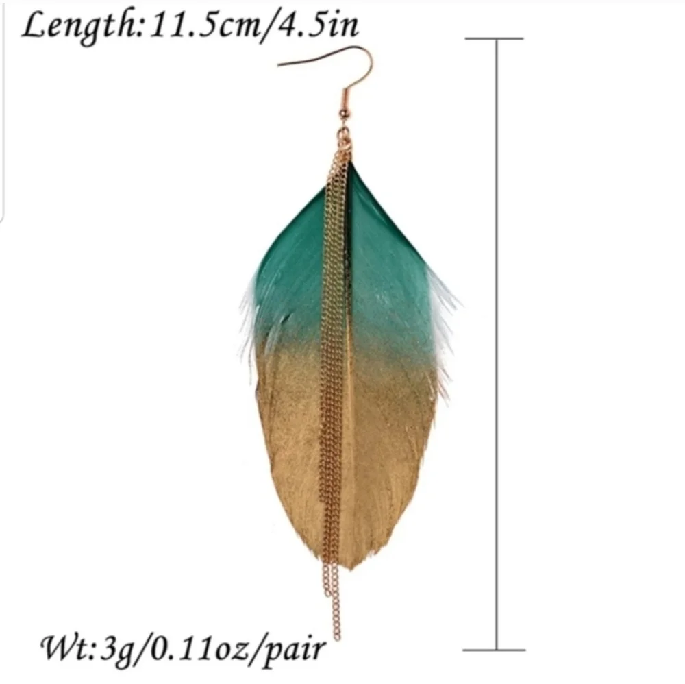Exotic Feather Dipped in Gold Long Earrings - Picture 4 of 4